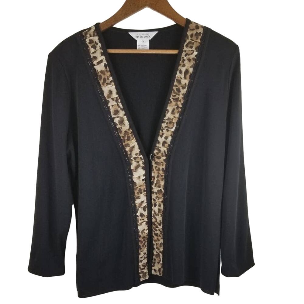 Exclusively Misook Black Animal Print Trim Cardigan Sweater M